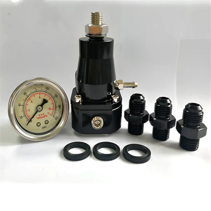 Black CNC aluminium fuel pressure regulator with adjustable 30-70 psi range