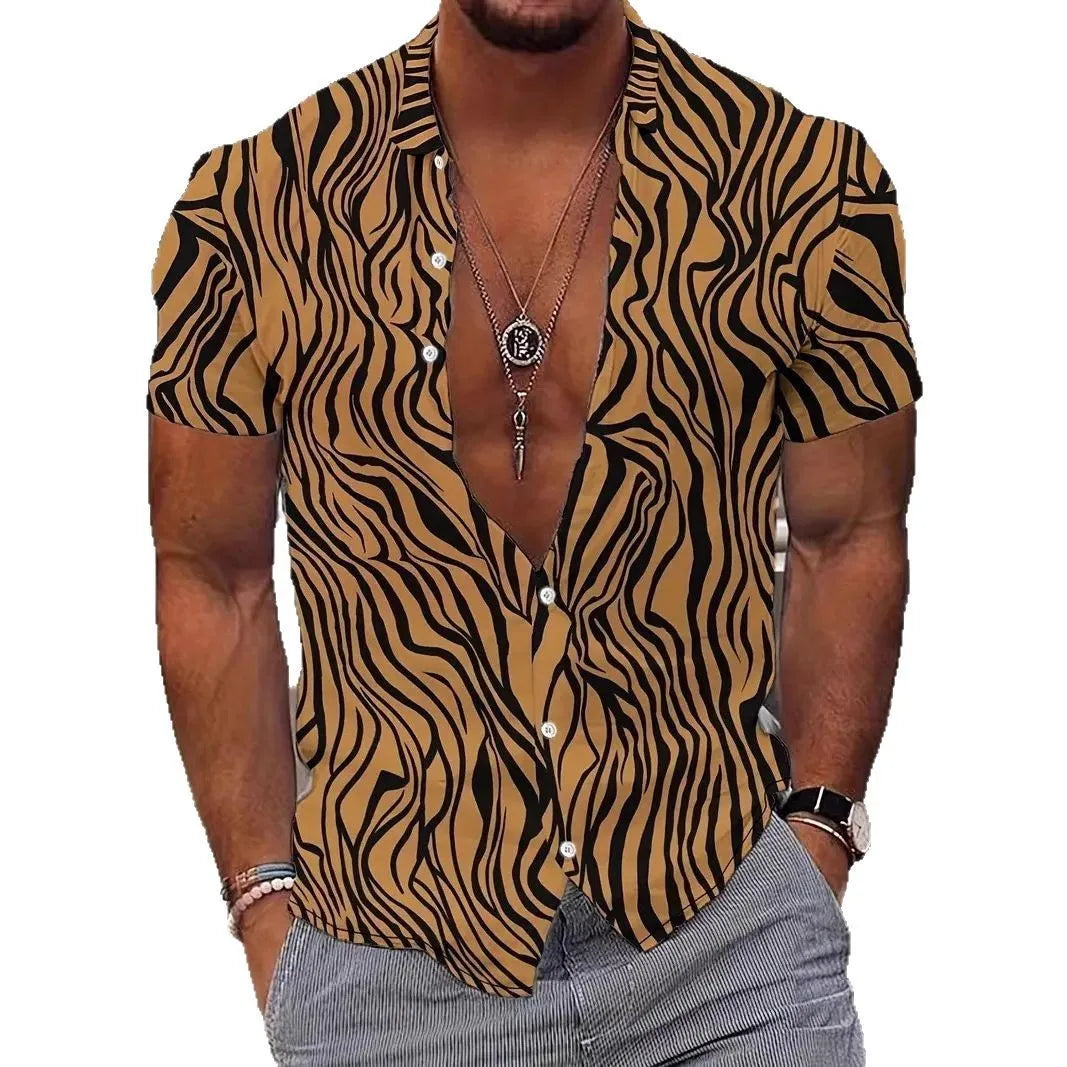 Men's geometric line printed short sleeve shirt with lapel collar in slim fit styling