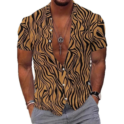 Men's geometric line printed short sleeve shirt with lapel collar in slim fit styling