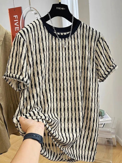 Black striped men's loose-fit short-sleeve casual shirt made from silk and linen blend fabric