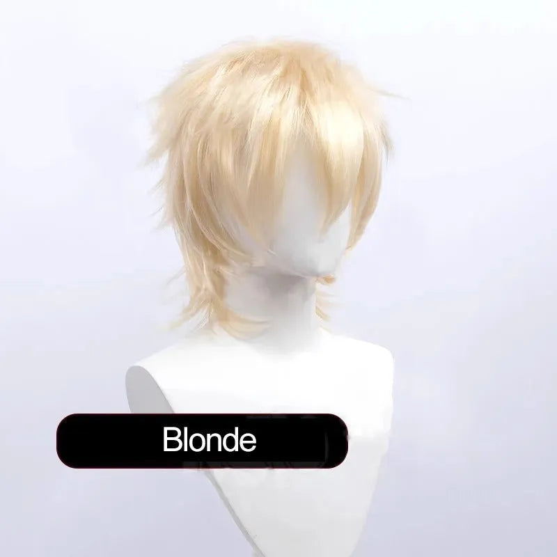 Short-length anime cosplay wig in high-temperature fibre on a stand.