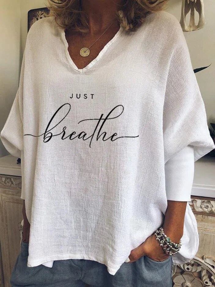 Women's loose fit V-neck long sleeve top in brushed milk silk with digital printing pattern