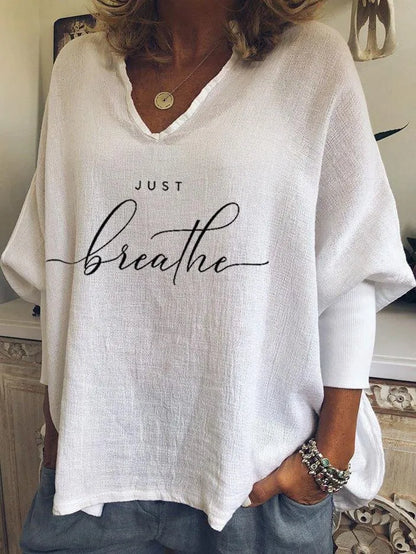 Women's loose fit V-neck long sleeve top in brushed milk silk with digital printing pattern