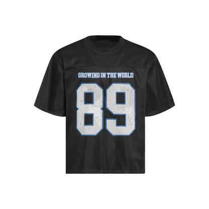 Black loose-fit casual T-shirt with white alphanumeric graphic printing on the front.