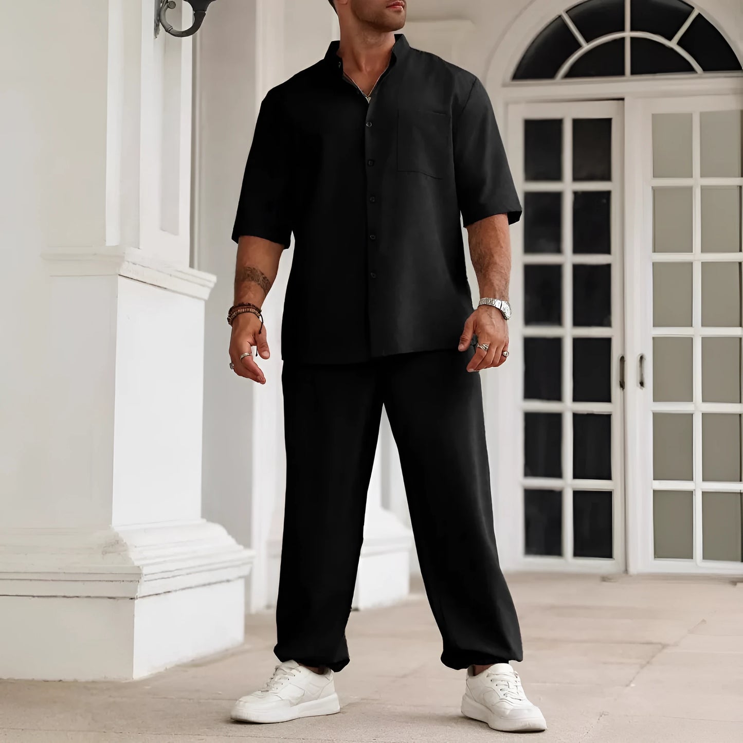 Men's cotton linen casual trousers set with short-sleeved button shirt in black, grey or apricot