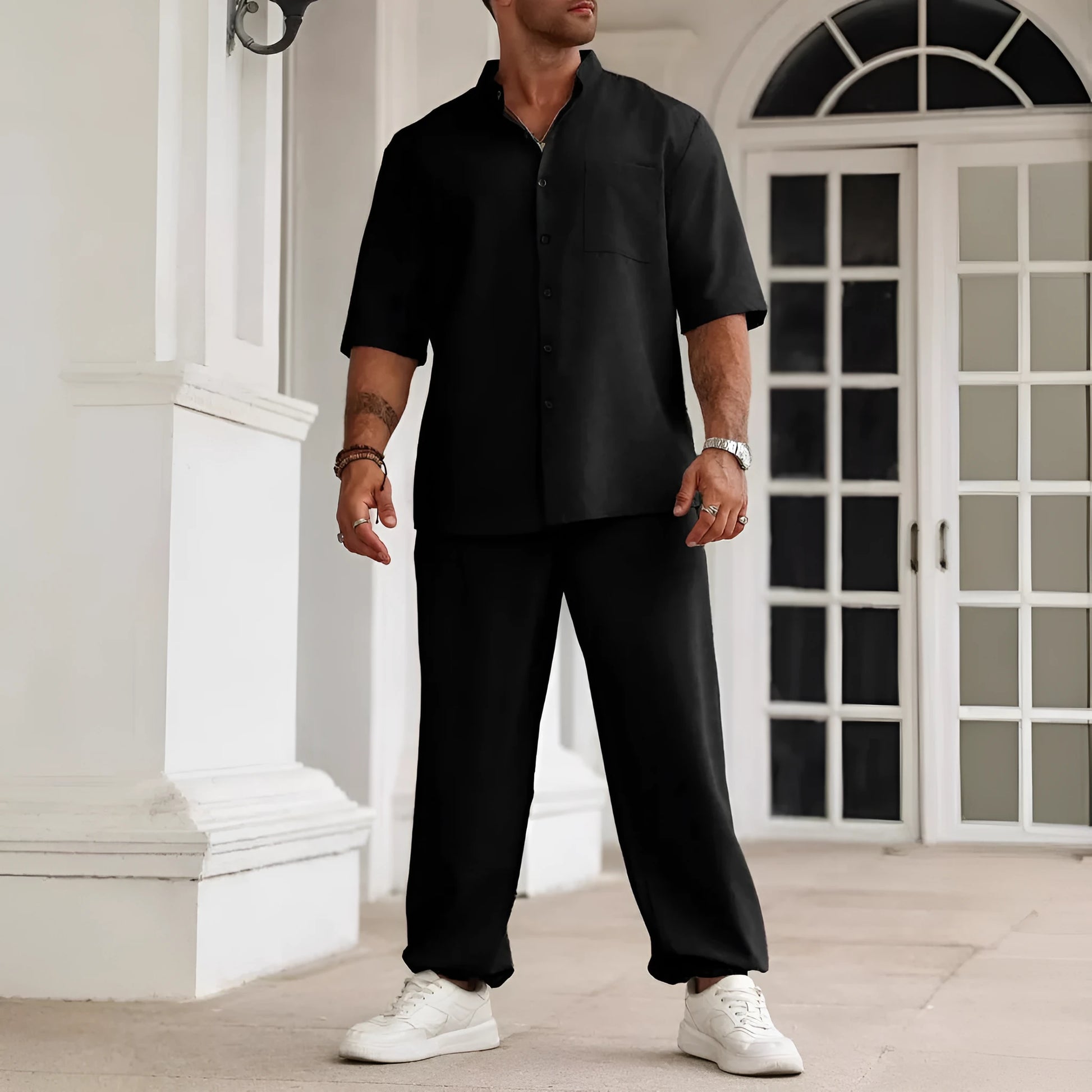 Men's cotton linen casual trousers set with short-sleeved button shirt in black, grey or apricot