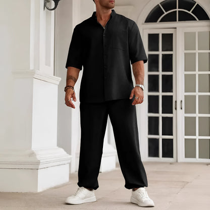 Men's cotton linen casual trousers set with short-sleeved button shirt in black, grey or apricot