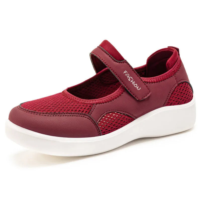 Women's breathable mesh casual shoes in black with Velcro closure and round toe design