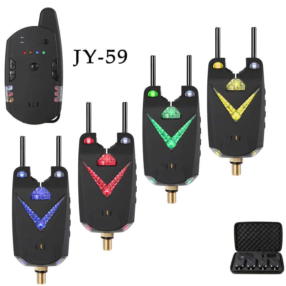 Wireless fishing electronic alarm with remote receiver unit on a green background.
