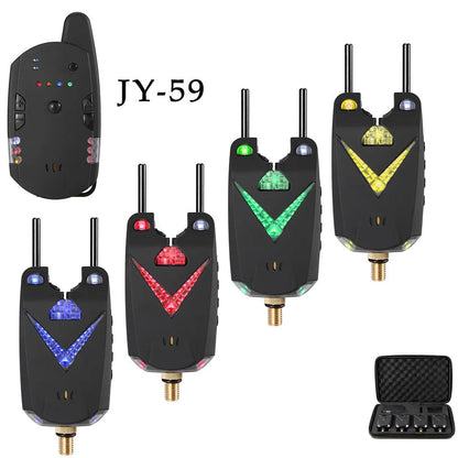 Wireless fishing electronic alarm with remote receiver unit on a green background.