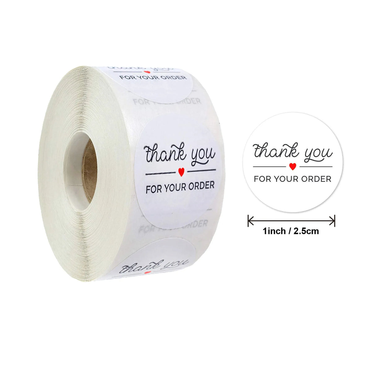 Roll of 500 round thank you for ordering stickers, 2.5cm white copper plate labels for parcels and bags