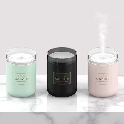 Compact USB-powered mist humidifier with mood light, available in fresh green, rose powder, and black colors