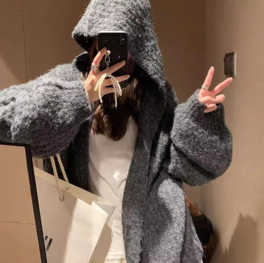 Women's grey hooded cardigan with thick acrylic fabric and regular sleeves