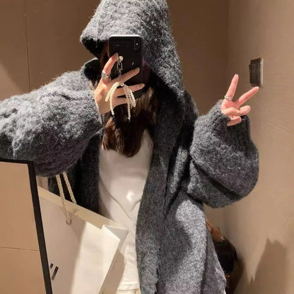 Women's grey hooded cardigan with thick acrylic fabric and regular sleeves