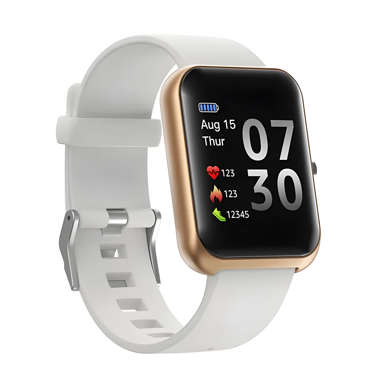 Square dial Bluetooth smart watch with silicone strap on a wrist, showing black, blue, gold, pink, and silver colour options.