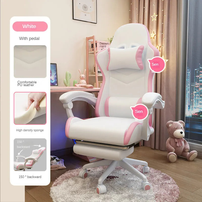 Blue rotatable reclining gaming chair for a girls bedroom with a five-star nylon base and fixed handrails.