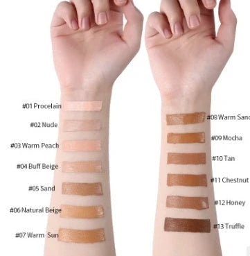 Matte oil control concealer liquid foundation in 30ml container with 13 shade options displayed