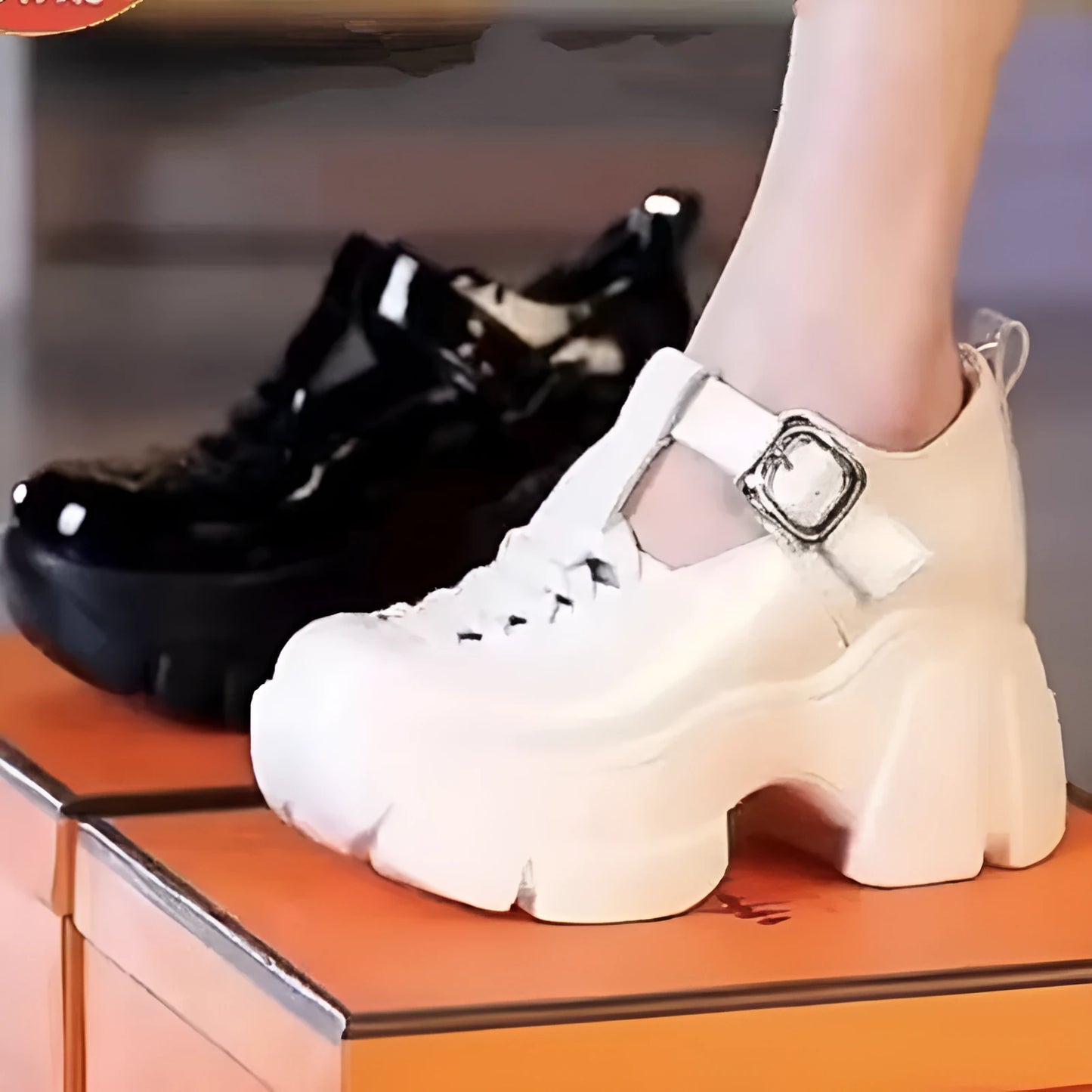 Women's black satin chunky heel pumps with skull pattern and 4-6cm wedge heel