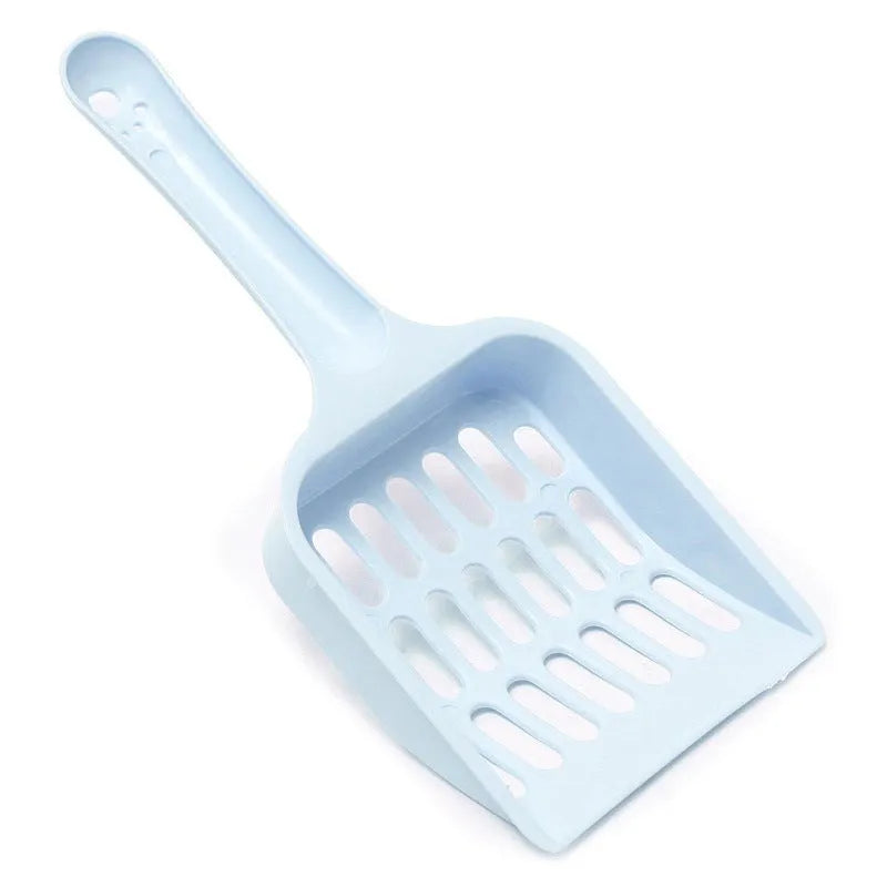 Plastic cat litter scoop in blue on a white background, showing handle and perforated scoop area.