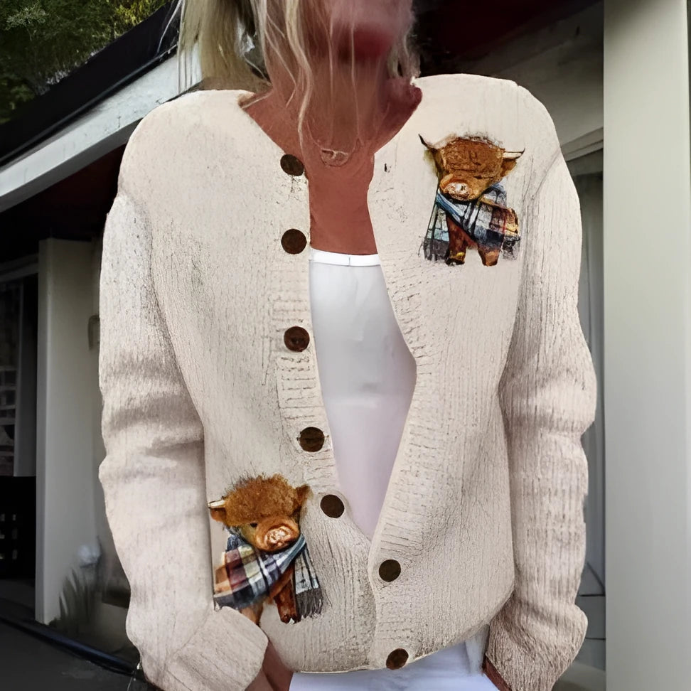 Women's loose fit cardigan coat with 3D digital printed pattern, shown in colour HWJ-16398512