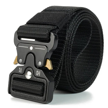 Men's thick canvas tactical belt with an alloy release buckle, shown in multiple colour options.