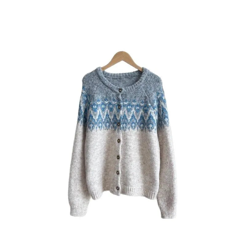 Women's contrast colour jacquard thickened sweater coat in loose fit with long sleeves, available in milky white, brown, and navy blue
