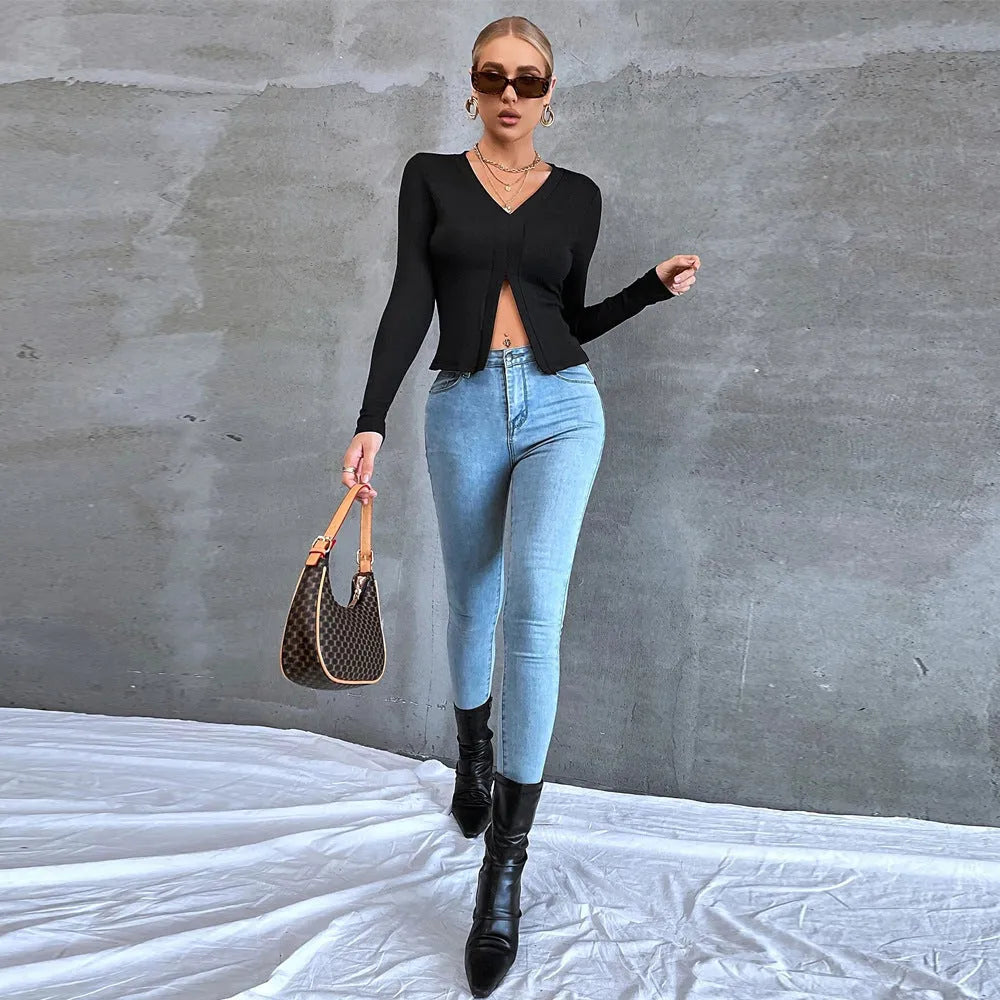 Women's black long sleeve slim fit cropped T-shirt with split neck and slit detail, polyester pullover, XS to XL