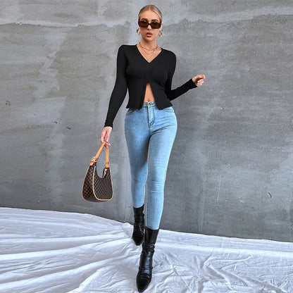 Women's black long sleeve slim fit cropped T-shirt with split neck and slit detail, polyester pullover, XS to XL