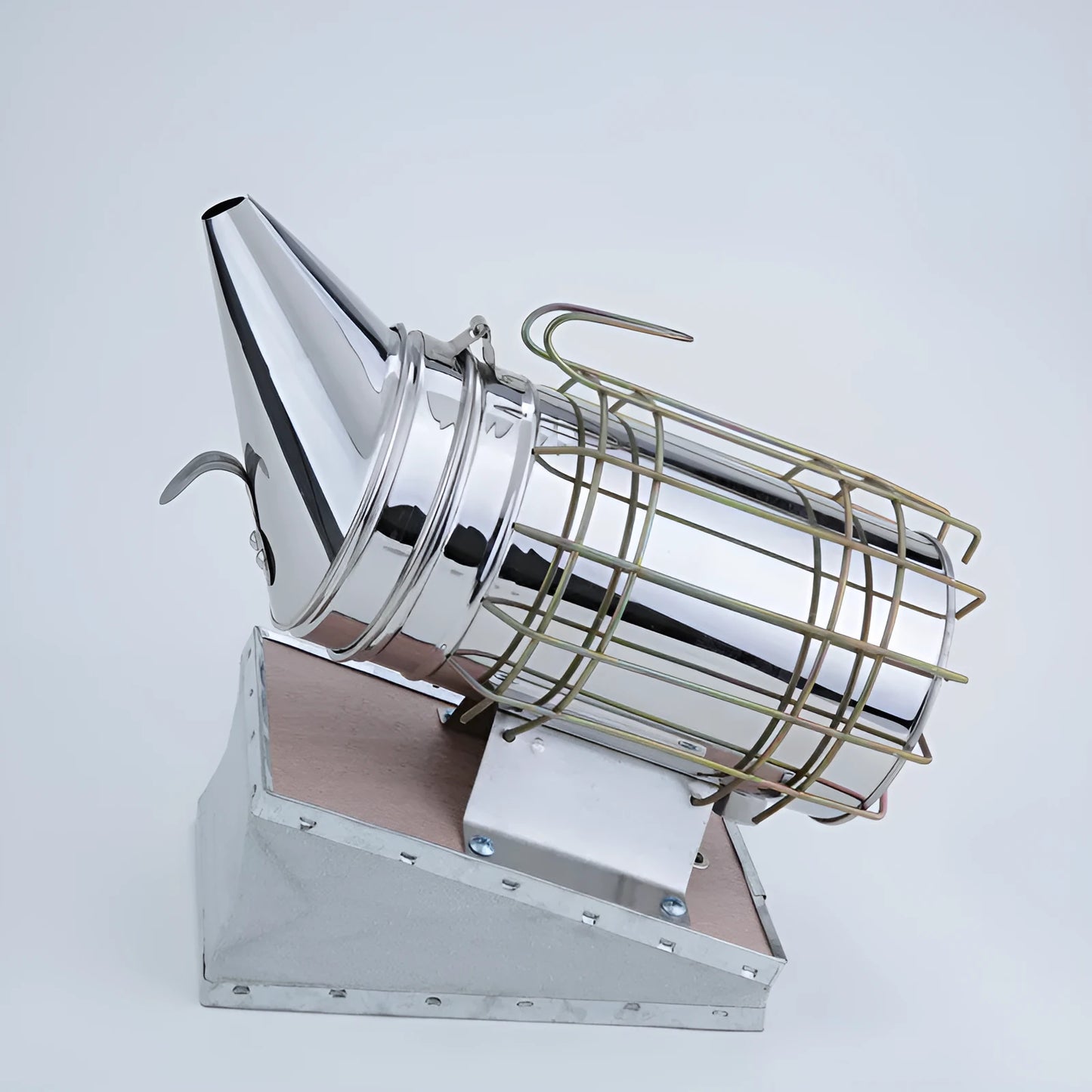 Stainless steel and leather manual bee smoker for beekeeping, showing 10.5cm barrel.