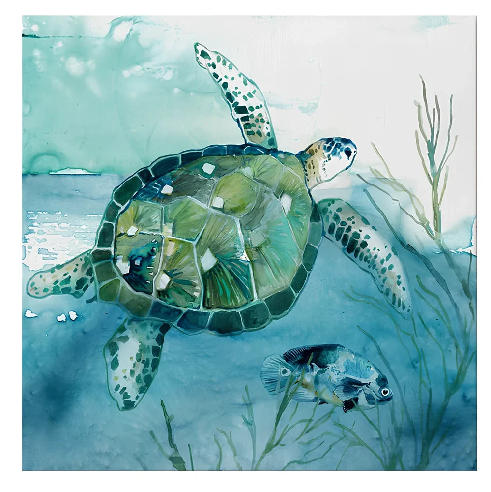 Frameless turtle canvas printing poster in 40x40cm square size with detailed picture colours