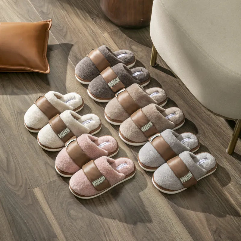Beige Velcro-fastening plush indoor slippers with round toe and non-slip plastic sole.