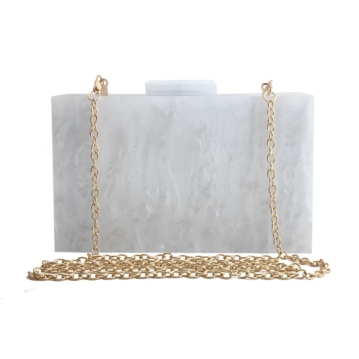 Small square acrylic clutch bag with long chain, marble pattern, and internal phone pocket