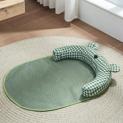 Green and yellow four-season cooling dog mat with waterproof underside in four sizes for small to medium pets