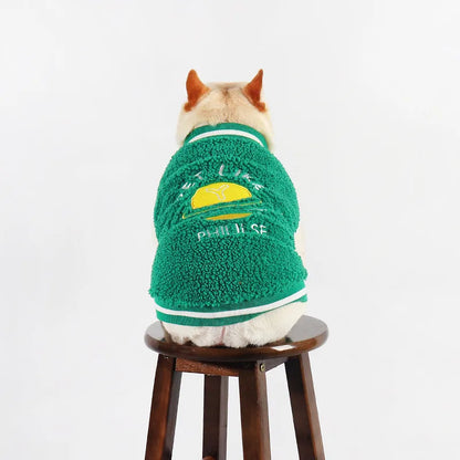 Green fleece-lined winter dog coat for medium to extra large breeds on mannequin