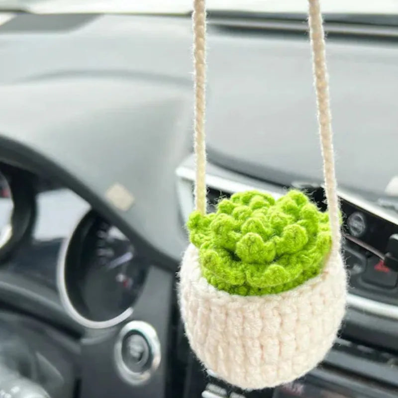 Green and white fishing style car plant decoration with 8cm base and 25cm hanging rope