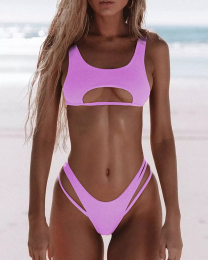 Women's solid colour bikini with hollow snake fabric for swimming