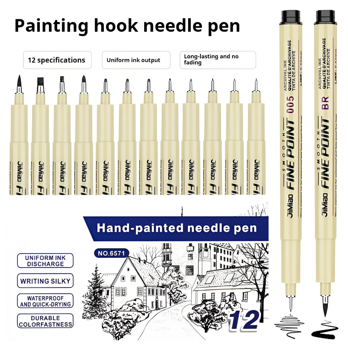 Waterproof black ink needle pen with cartoon syringe drawing on its 133mm plastic body.