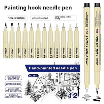 Waterproof black ink needle pen with cartoon syringe drawing on its 133mm plastic body.