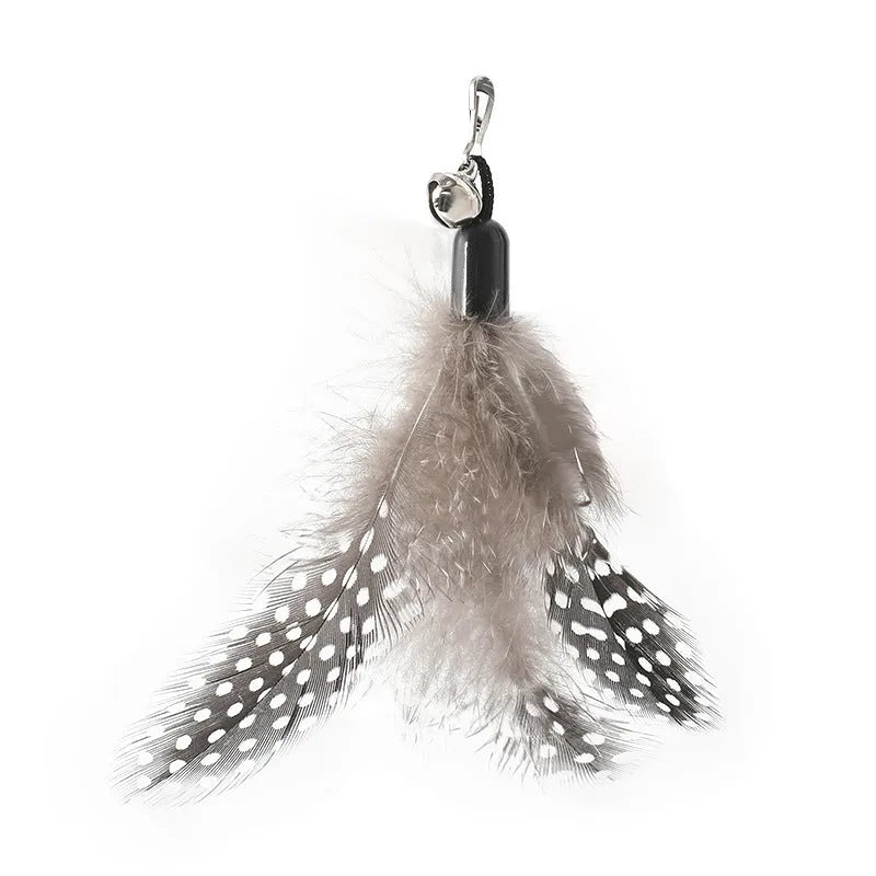 Wooden handle cat teasing stick with spring and four feather bell replacement heads in different colours