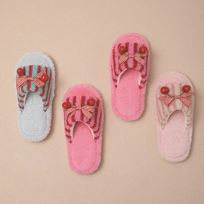 Cherry open plush slippers with contrast colour design, PVC sole, 1-3cm heel, in pink, red and blue, or rose red