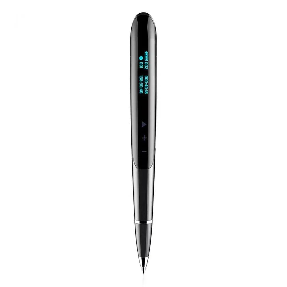 Black lossless audio recording pen with OLED display screen on a desk next to headphones.