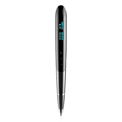 Black lossless audio recording pen with OLED display screen on a desk next to headphones.