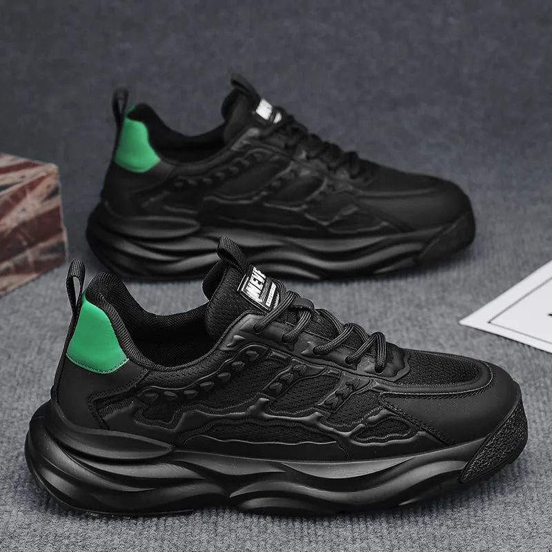 Men's solid colour breathable mesh casual shoes with round toe, shown in white and black.