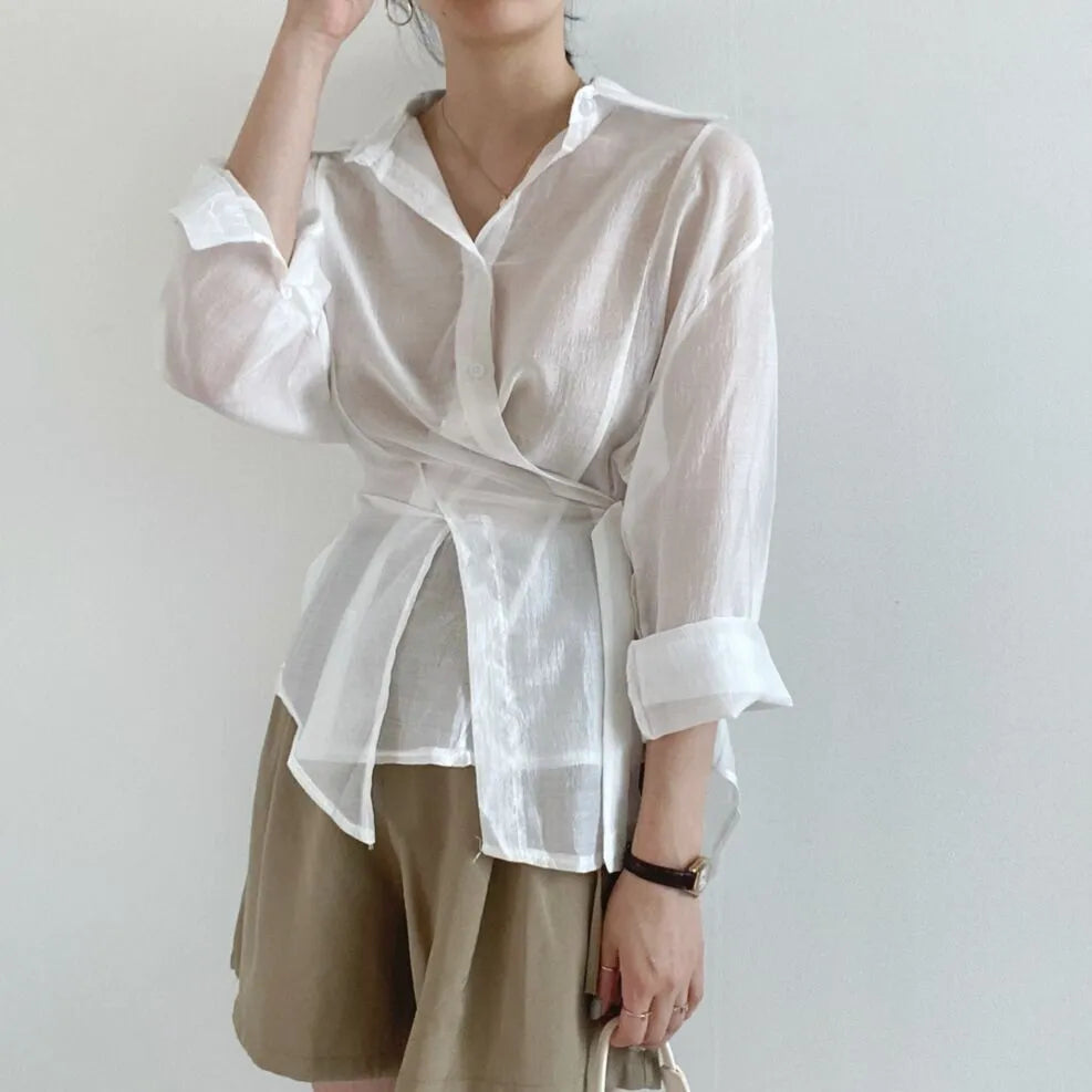 Irregular buckle lapel long sleeve shirt in smoky gray or white, polyester, S to XL, 50cm length
