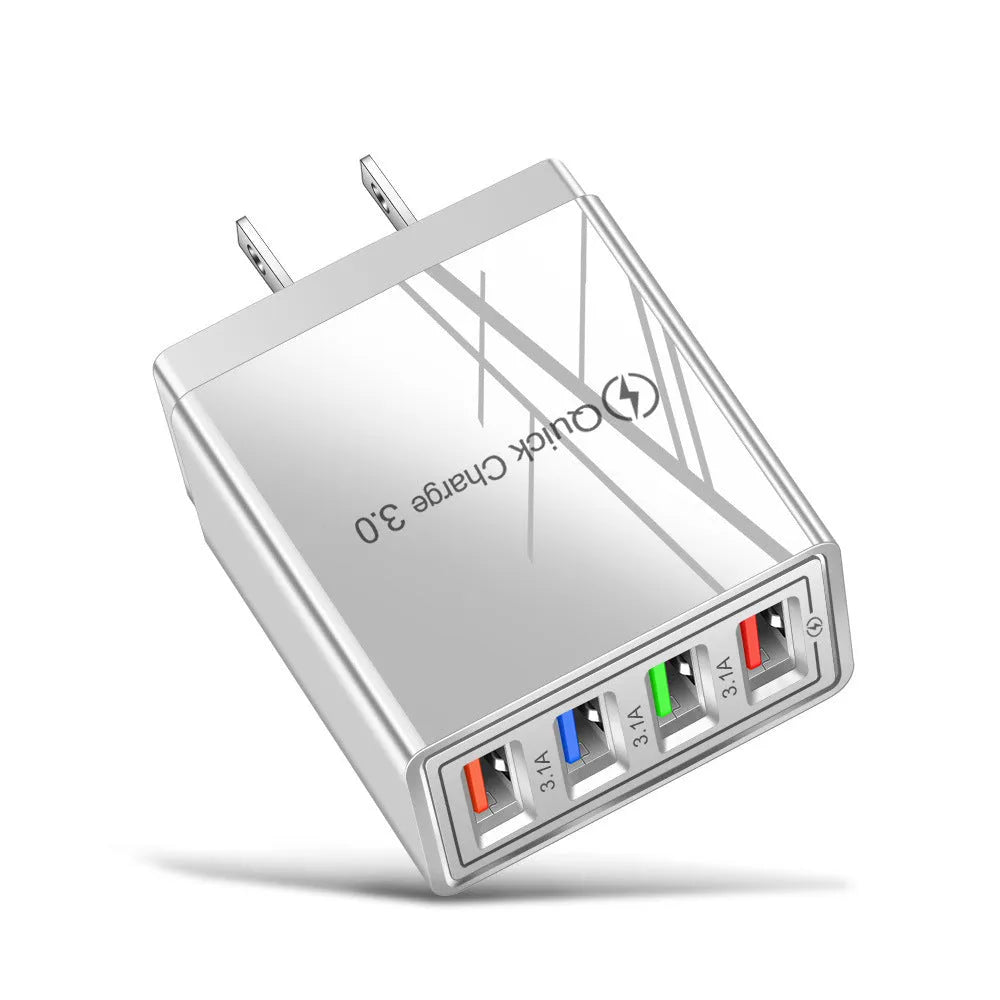 Simple Luminous 4USB mobile phone charger with UK plug showing four USB ports and compact dimensions