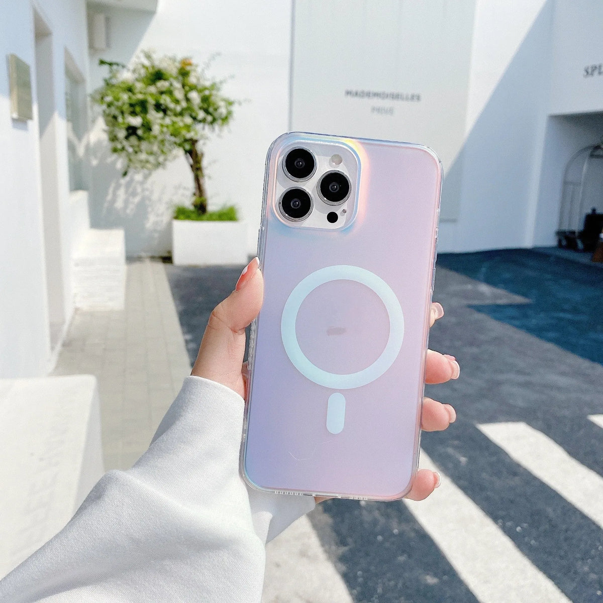 Transparent frosted magnetic iPhone case for iPhone 14 Pro Max, 13 Pro Max, 12 Pro Max, made from TPU and PC with wavy pattern.