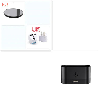 Black square ultrasonic aroma diffuser with flame light effect and mist output.