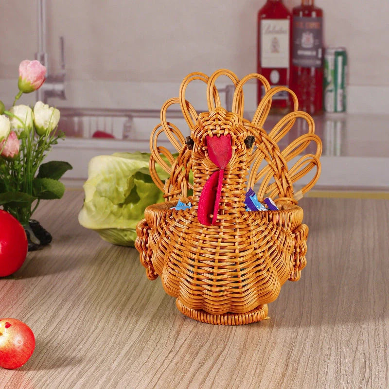 Deer-shaped rattan fruit basket in natural khaki, perfect for fresh produce storage and home decor