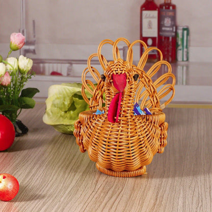 Deer-shaped rattan fruit basket in natural khaki, perfect for fresh produce storage and home decor