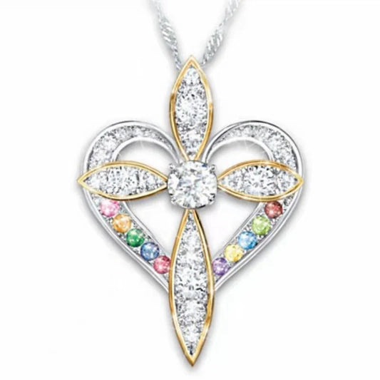 Elegant heart-shaped cross pendant necklace with adjustable chain, perfect for faith and fashion lovers.